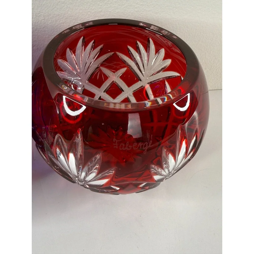 Faberge Crystal Votive Candle Holders Ruby Red Cobalt Blue Cut Clear Signed Pair